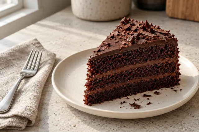 Fatia de bolo de chocolate em camadas com raspas sobre prato claro, ao lado de um garfo em tecido bege.