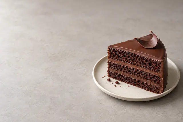 Fatia de bolo de chocolate em camadas com ganache e lasca de chocolate em prato claro sobre fundo cinza.