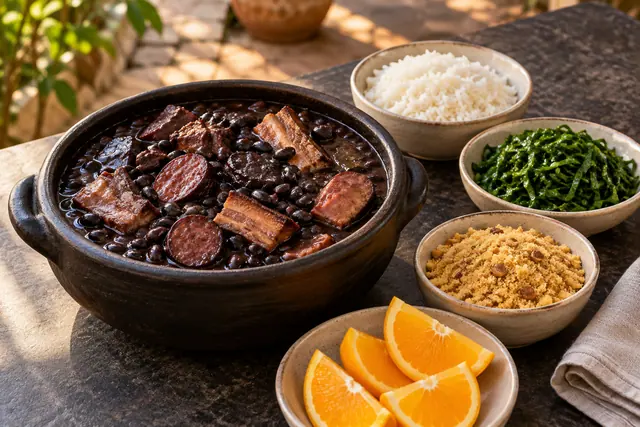 Feijoada em panela de barro com arroz, couve, farofa e laranja sobre mesa de pedra iluminada pelo sol.