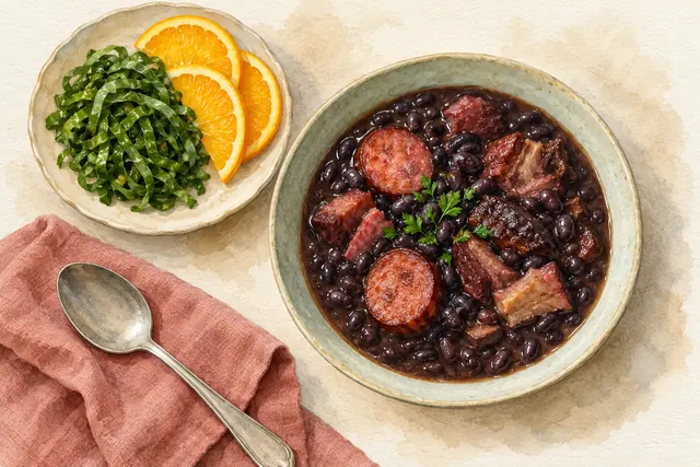 Aquarela de feijoada em tigela clara com couve, fatias de laranja e colher sobre guardanapo rosa, vista de cima.