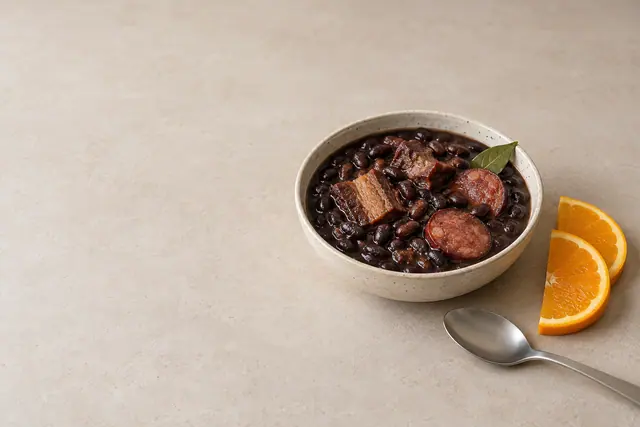 Tigela de feijoada com carnes e louro, acompanhada de laranja e colher sobre fundo bege com espaço vazio à esquerda.