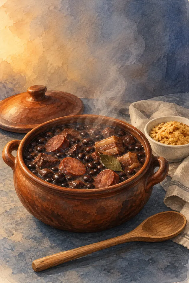 Aquarela de feijoada fumegante em panela de barro, com farofa, tampa, tecido claro e colher de madeira.