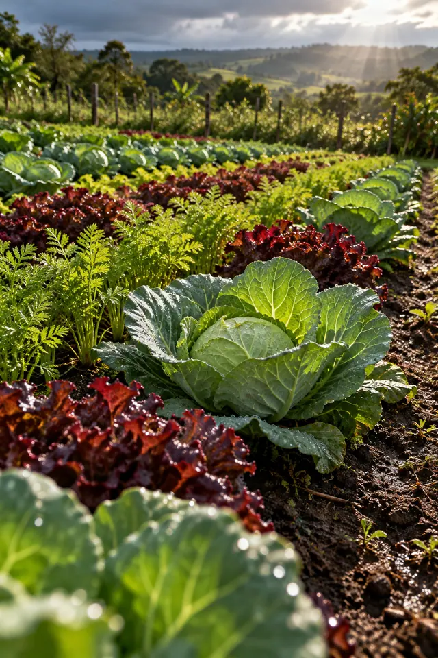 Horta com repolhos, alfaces roxas e folhas de cenoura iluminada por raios de sol, com colinas ao fundo.