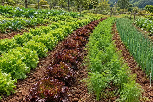Horta com fileiras de alfaces verdes e roxas, cenouras e cebolinhas, com cerca de madeira e árvores ao fundo.