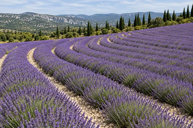Fileiras curvas de lavanda roxa em uma encosta, com ciprestes e colinas rochosas ao fundo sob céu azul.