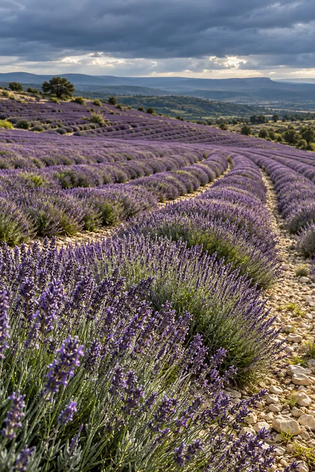 Fileiras curvas de lavanda em terreno pedregoso, iluminadas pelo sol sob nuvens cinzentas, com colinas ao fundo.