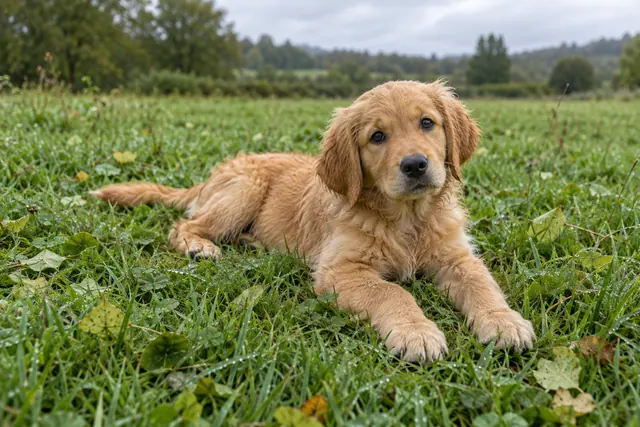 Filhote de golden retriever deitado na grama úmida entre folhas caídas, com árvores e céu nublado ao fundo.