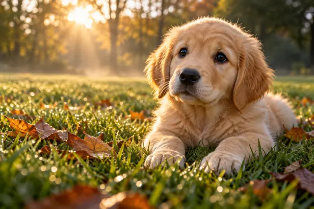 Filhote de golden retriever deitado na grama com orvalho e folhas de outono, iluminado pelo sol da manhã.