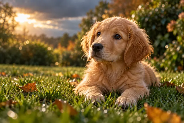 Filhote de golden retriever deitado na grama molhada com folhas de outono, iluminado pela luz dourada da tarde.