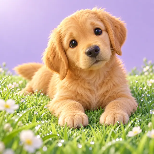 Filhote de golden retriever deitado na grama com orvalho e flores brancas, diante de um fundo lilás em 3D.