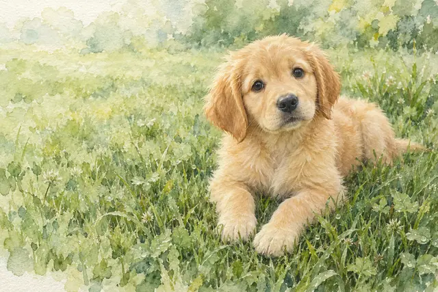 Aquarela de filhote de golden retriever deitado na grama com gotas de água e a cabeça inclinada.