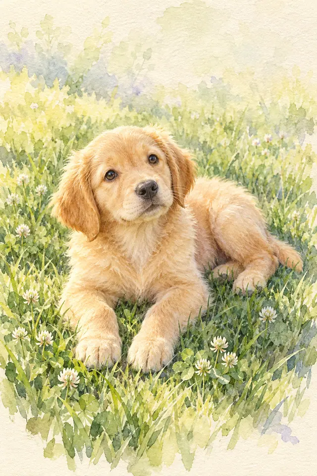 Filhote de golden retriever deitado na grama com flores brancas, em aquarela delicada sobre papel texturizado.