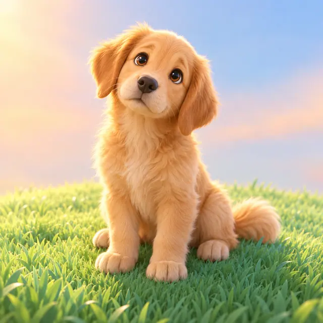 Filhote de golden retriever sentado na grama, com a cabeça inclinada e fundo pastel em renderização 3D.