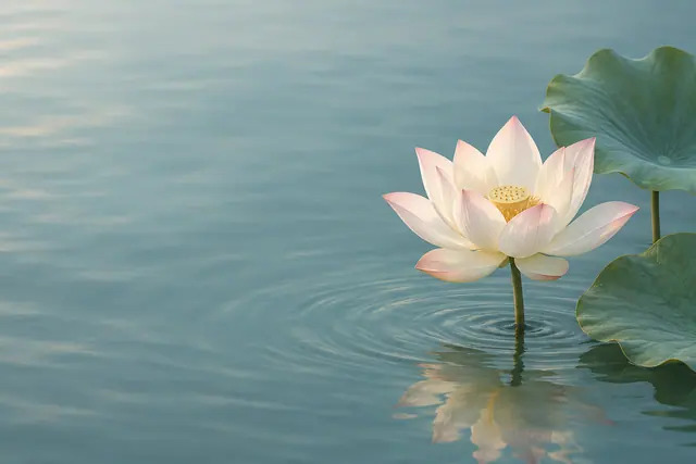 Flor de lótus clara com pontas rosadas e miolo dourado sobre água azul-esverdeada, com folhas e reflexo.