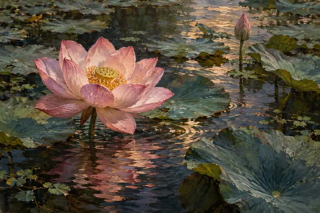 Pintura a óleo de lótus rosa sobre um lago, com folhas verde-azuladas, um botão fechado e reflexos dourados.