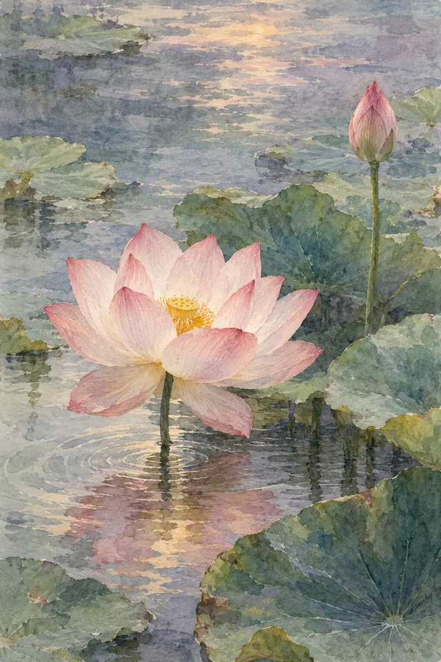 Aquarela de lótus rosa aberto e botão fechado entre folhas verdes, com reflexos e ondulações suaves no lago.