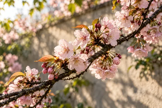 Ramo de cerejeira com flores rosa-claras e gotas de água, iluminado pelo sol diante de um muro desfocado.