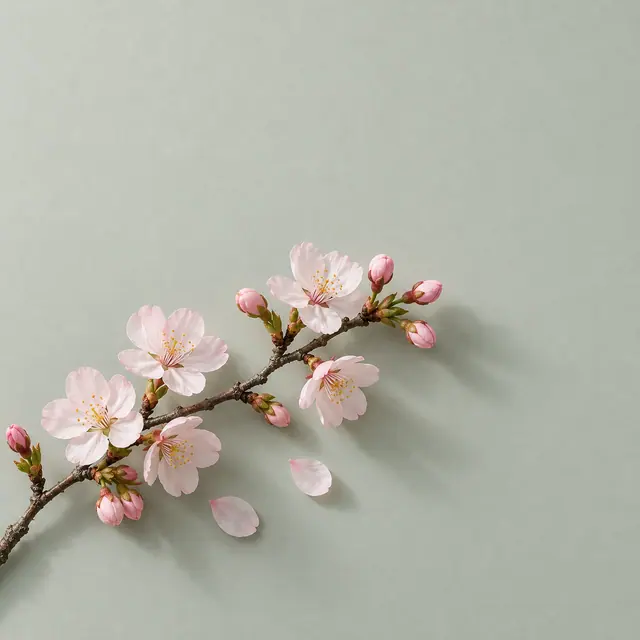 Ramo de cerejeira com flores rosadas e pétalas soltas sobre fundo verde acinzentado, com amplo espaço livre.