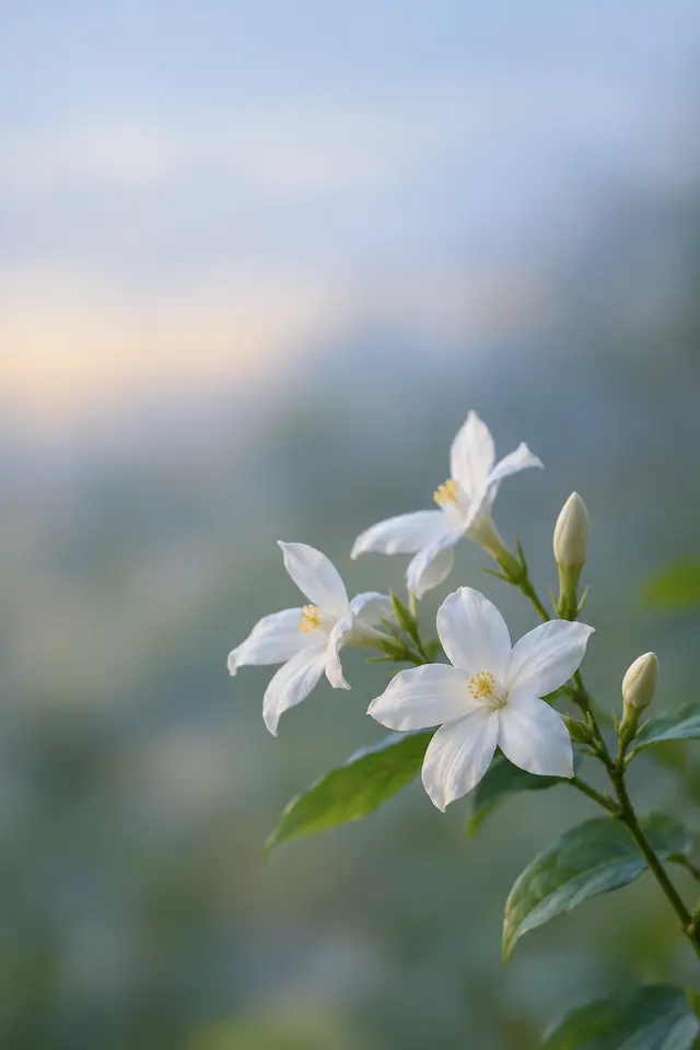 Três flores brancas de jasmim com botões e folhas verdes sobre fundo desfocado, com amplo espaço livre.