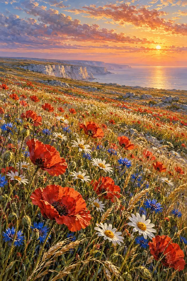 Pintura a óleo de flores silvestres diante de falésias e mar, iluminadas pelo sol nascente sob nuvens rosadas.