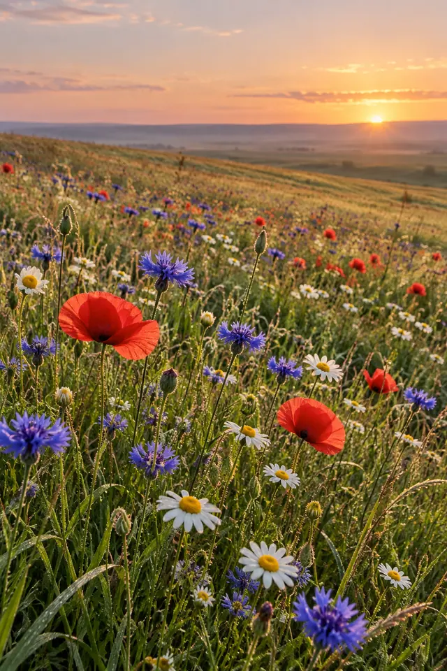 Papoulas vermelhas, margaridas e flores azuis em um campo iluminado pelo sol nascente, sob um céu alaranjado.