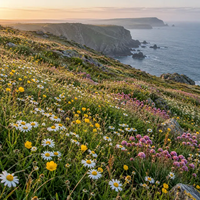 Flores brancas, amarelas e rosadas cobrem uma encosta junto a falésias e ao mar na luz dourada do amanhecer.