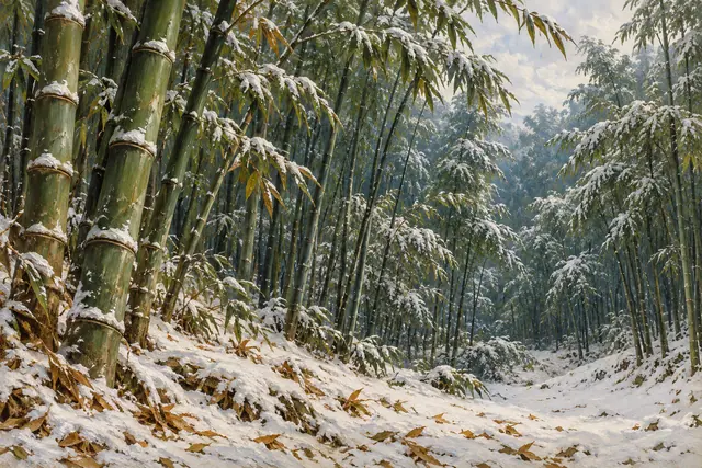 Pintura a óleo de uma floresta de bambus verdes com neve nas folhas e no chão sob a luz suave de inverno.