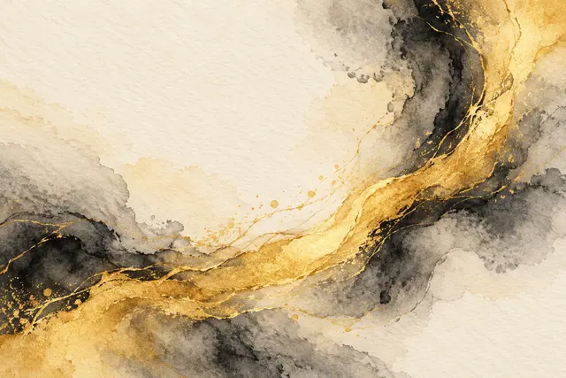 Aquarela abstrata com faixa dourada curva, manchas pretas e cinzas e amplo espaço marfim sobre papel texturizado.