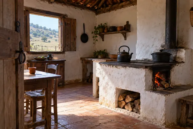 Cozinha caipira com fogão a lenha aceso, chaleira, panela de ferro e janela aberta para uma paisagem rural.