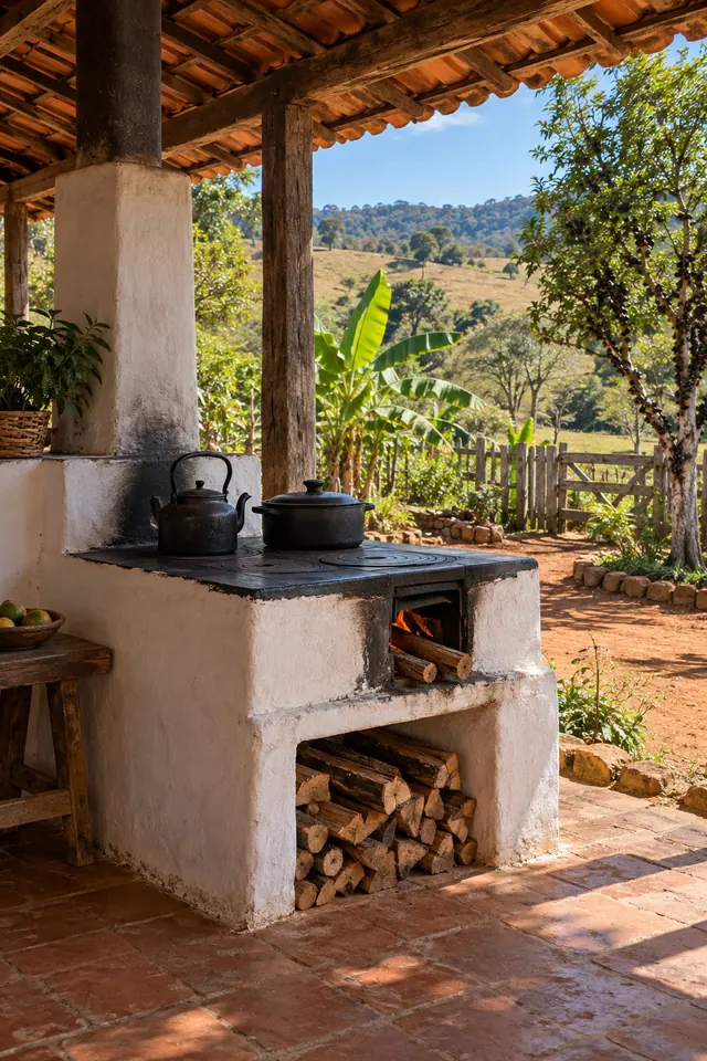 Fogão a lenha com chaleira e panela em varanda rústica, diante de quintal com árvores e morros ao fundo.