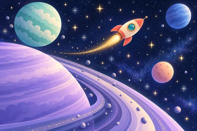 Foguete vermelho e creme voa entre planetas coloridos e estrelas, acima dos anéis de um grande planeta lilás.