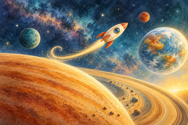 Foguete com aletas vermelhas e rastro dourado entre planetas, estrelas e grandes anéis em aquarela.