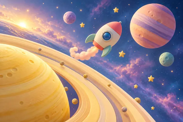 Foguete em tons pastel entre planetas, luas e estrelas douradas, com grandes anéis amarelos e sol ao fundo.
