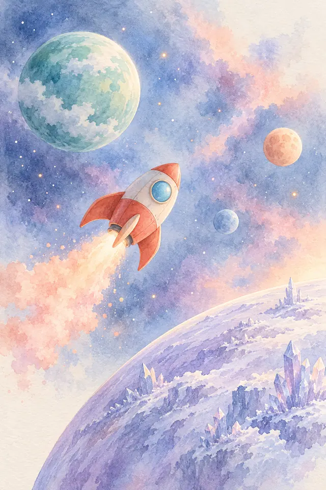 Foguete vermelho e creme entre planetas coloridos, sobre um mundo lilás com cristais, em aquarela.