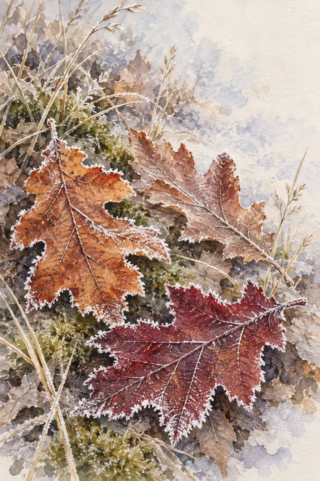 Aquarela de folhas de carvalho em tons de cobre e vinho com geada, entre musgo e hastes secas.