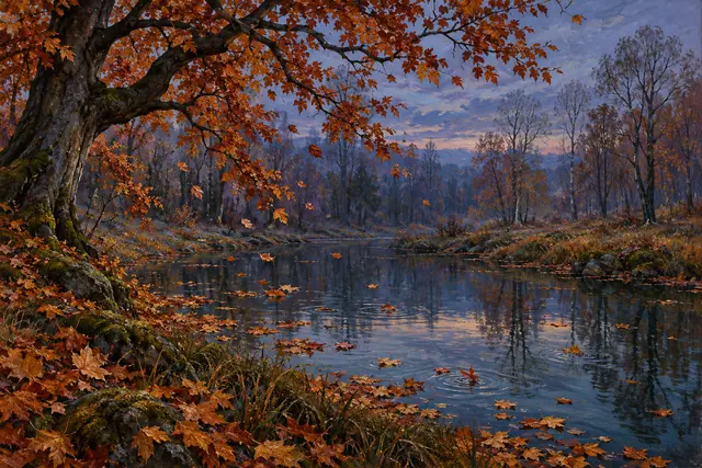 Pintura a óleo de folhas alaranjadas caindo sobre um lago, com árvores e céu azulado ao crepúsculo.