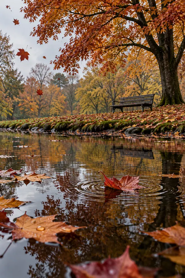 Folhas de outono caem sobre um lago com reflexos das árvores e um banco vazio na margem.