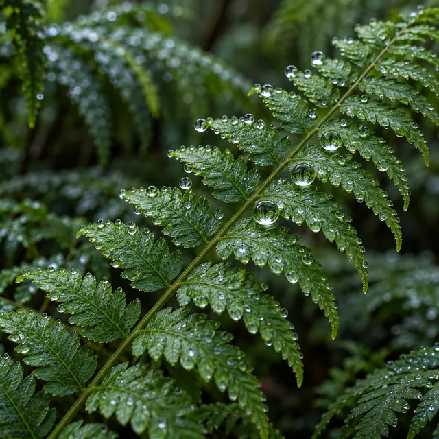 Folhas verdes de samambaia em diagonal com gotas de orvalho e vegetação desfocada ao fundo.