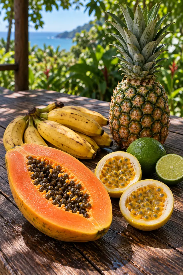 Mamão, maracujás, bananas, limões e abacaxi sobre mesa de madeira, com vegetação e mar ao fundo.