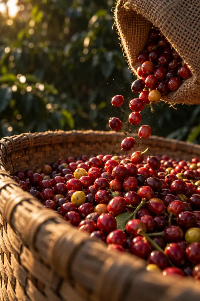 Frutos vermelhos e amarelos de café caem de um saco de juta em um cesto, iluminados pela luz dourada.