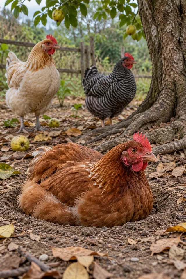 Galinha castanha repousa na terra sob uma goiabeira, com outras duas galinhas e uma cerca de madeira ao fundo.