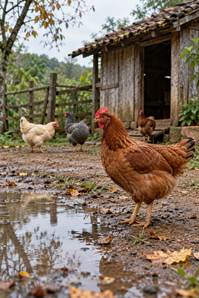 Galinha castanha ao lado de uma poça, com outras galinhas e um galinheiro de madeira ao fundo.
