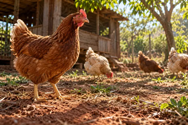 Galinha castanha em primeiro plano no terreiro, com outras aves e um galinheiro de madeira ao fundo sob a luz da manhã.