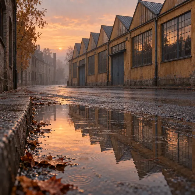Rua molhada com galpão ocre, telhados em sequência e poça refletindo o céu alaranjado do amanhecer.