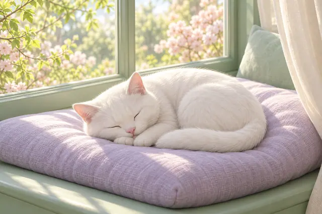 Gato branco dormindo sobre almofada lilás junto à janela ensolarada, com flores rosadas e folhas verdes ao fundo.