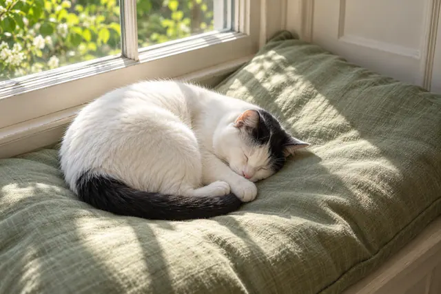 Gato branco e preto dormindo enroscado em almofada verde ao sol, junto a uma janela com folhagem ao fundo.
