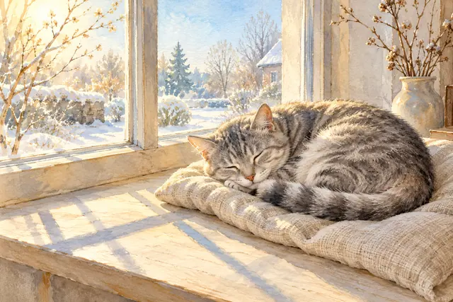 Aquarela de gato cinza dormindo sobre almofada na janela ensolarada, com jardim nevado ao fundo.