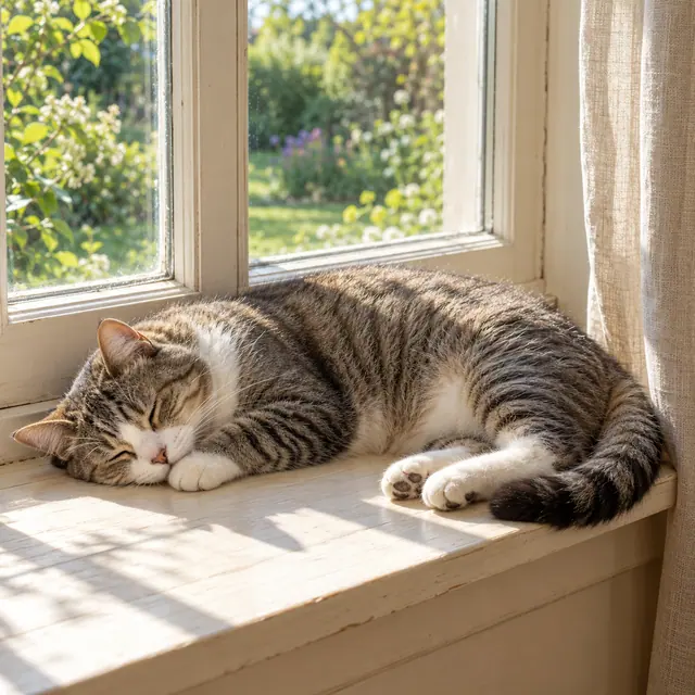Gato rajado com patas brancas dorme ao sol no parapeito de uma janela, com jardim verde ao fundo.