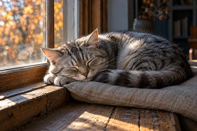 Gato tigrado cinza dorme sobre almofada junto à janela de madeira iluminada pelo sol, com folhas de outono ao fundo.