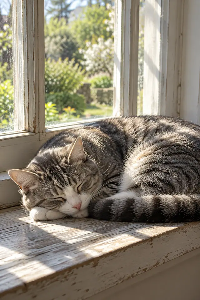 Gato tigrado dorme enroscado em um parapeito de madeira iluminado pelo sol, com jardim desfocado ao fundo.